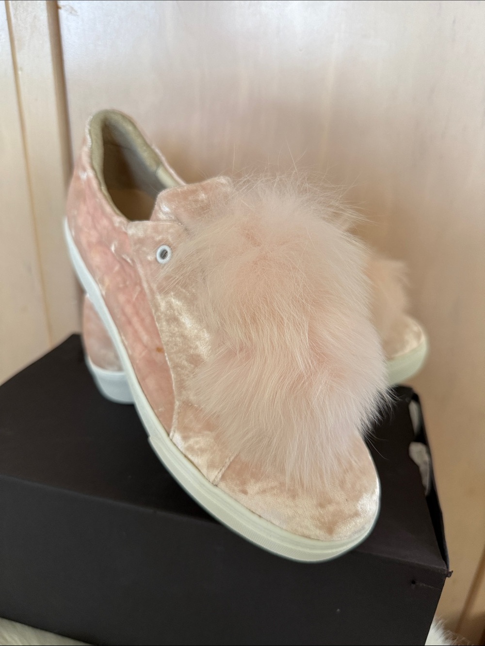 Here/ Now Emma 9.5 Pink Faux Fur Pom Pom Slip-On Sneakers